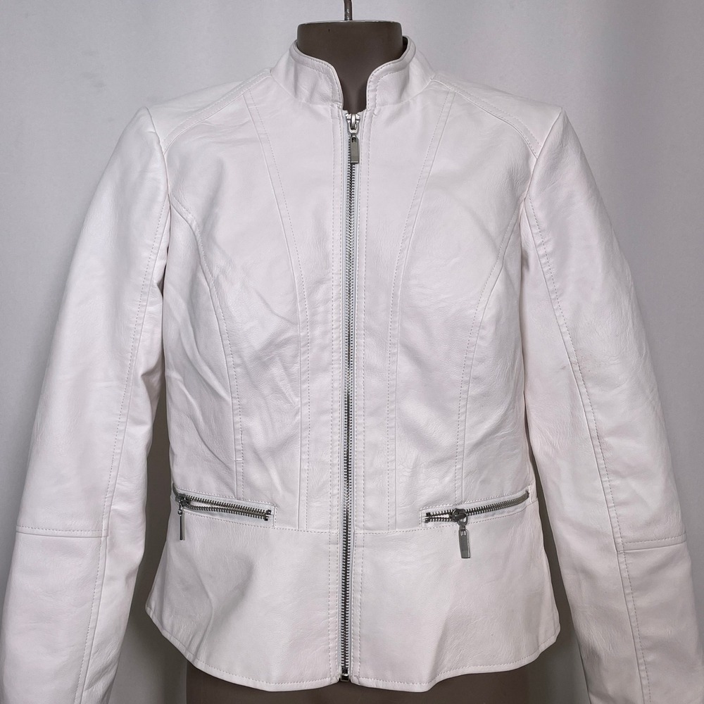 Baccini White Faux Leather Full Zip Moto Jacket Women's MEDIUM Petite